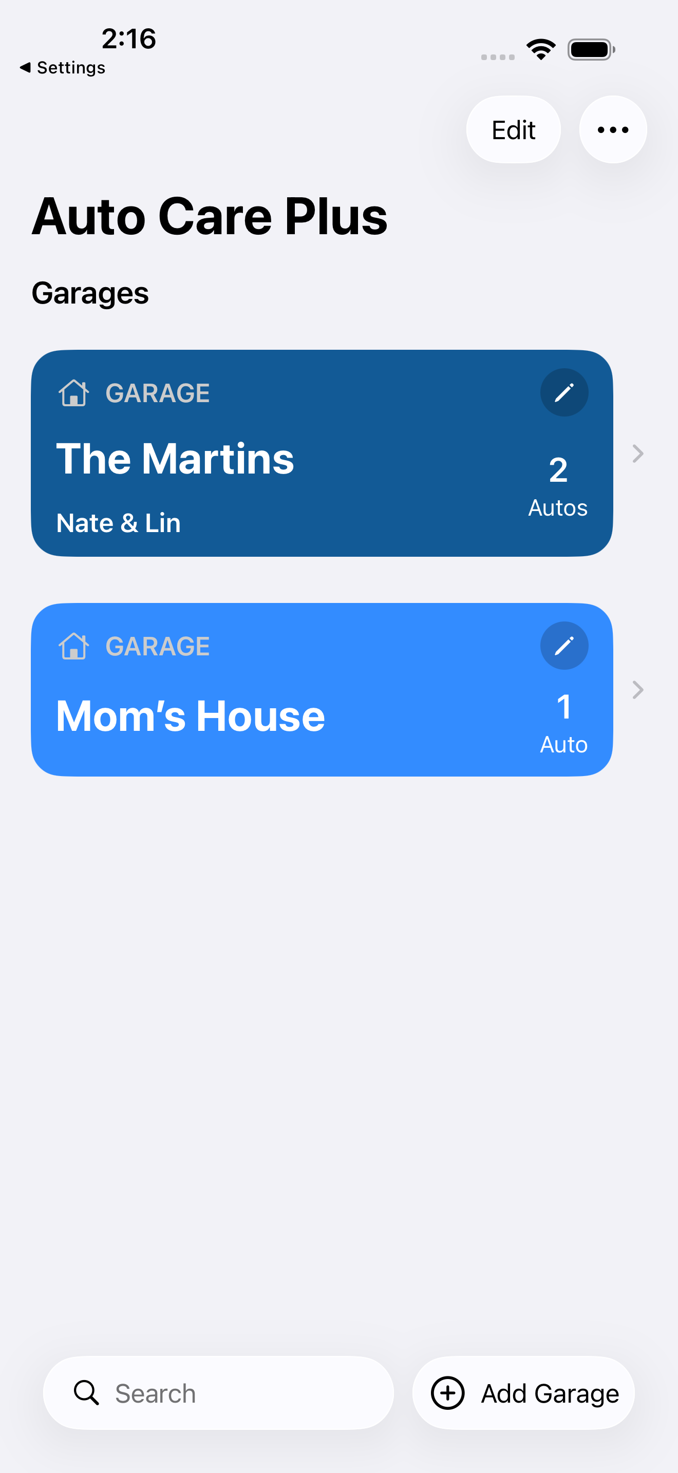 Auto Care Plus garages list showing multiple garages