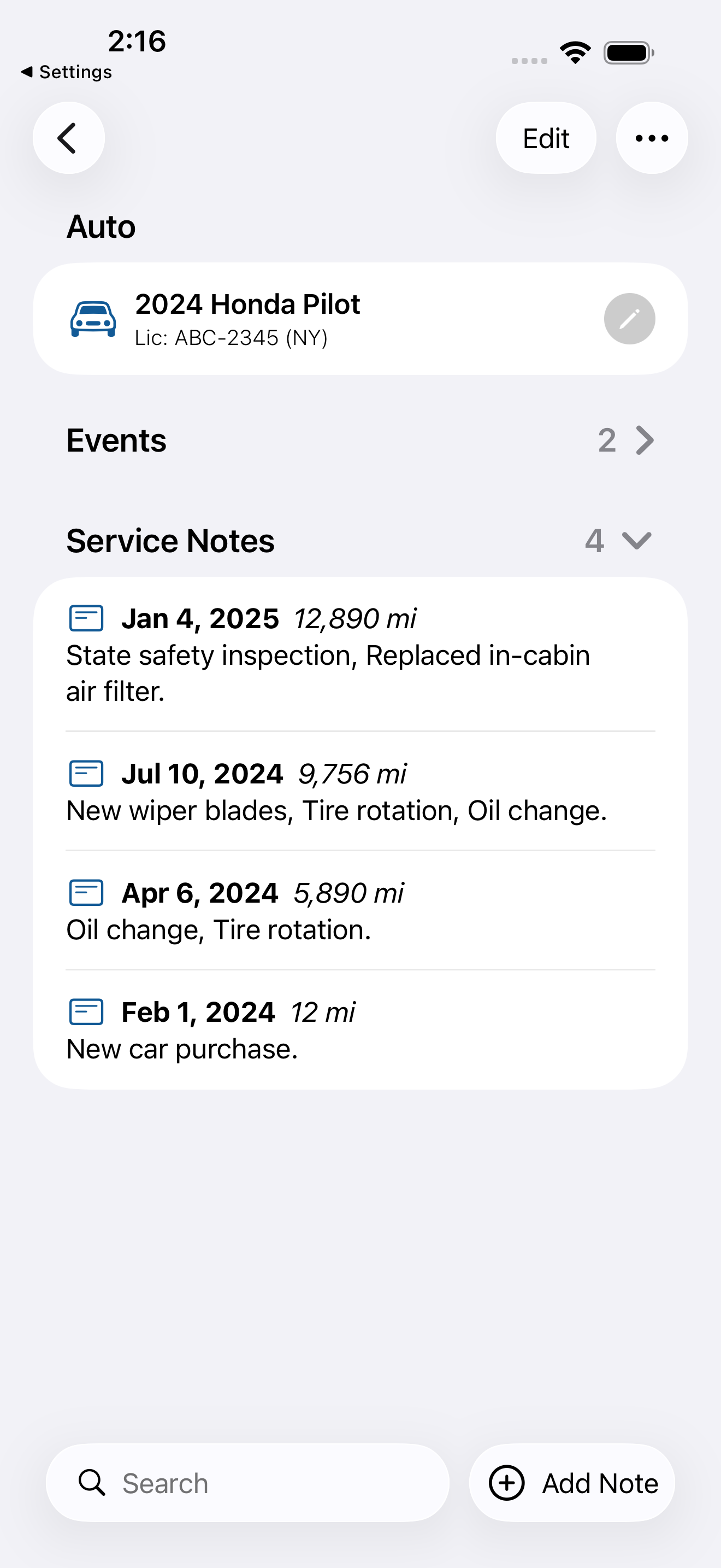 Service history log for an auto showing maintenance records